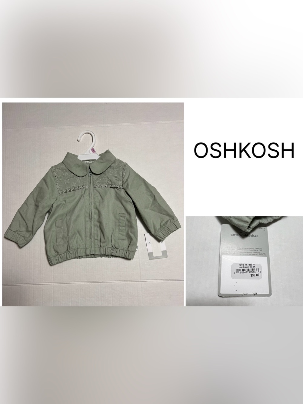 OSHKOSH - 9M - NWT - INFANT GIRLS GREEN ZIP UP EYELET WOVEN JACKET / COAT